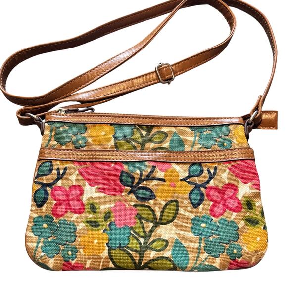 Relic by Fossil Crossbody Purse Brown Pink Blue Floral Canvas Slim Zip Top Boho - Picture 2 of 7